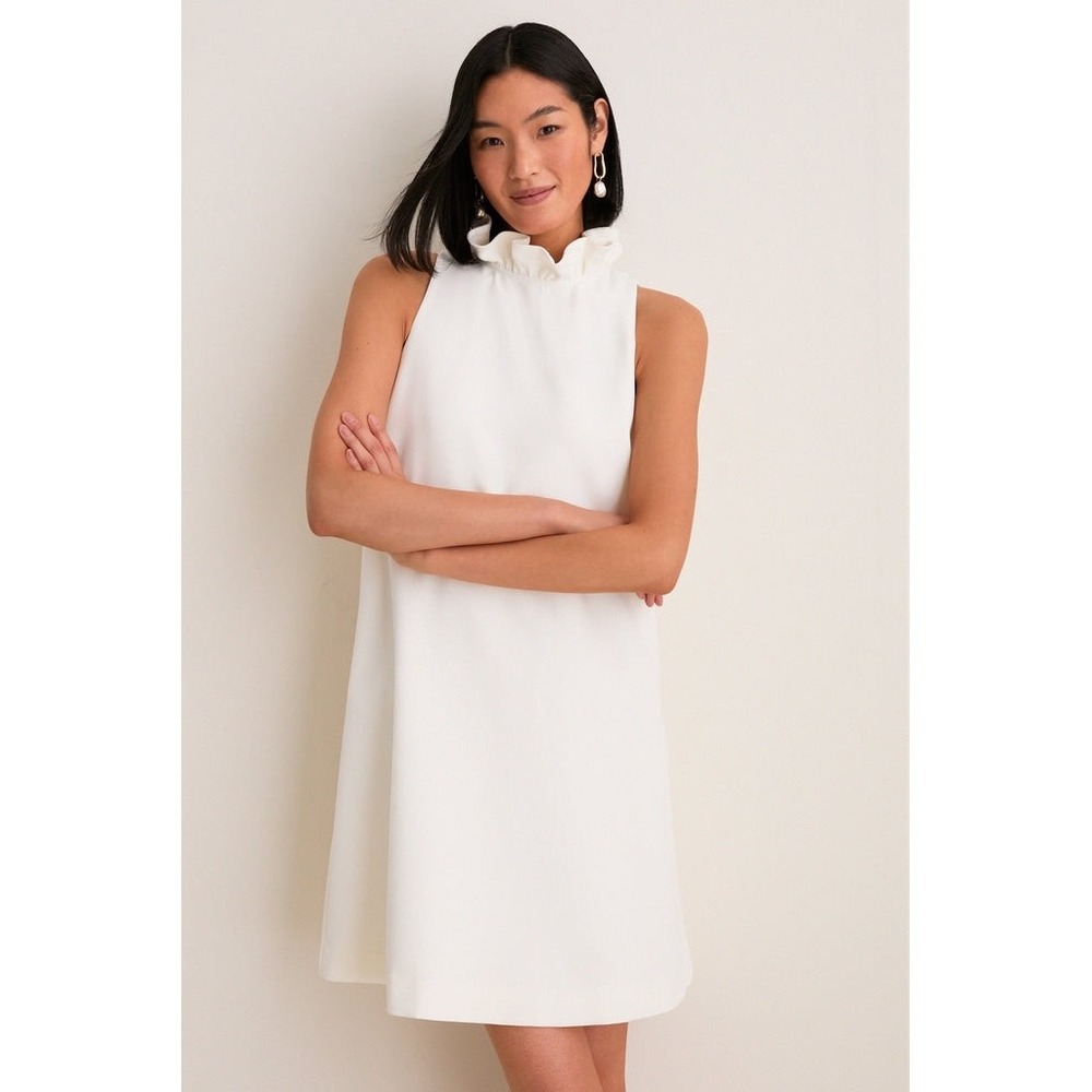 Tuckernuck Blythe Ivory Ruffle Neck Back Bow Shift Dress $198 Cream Large